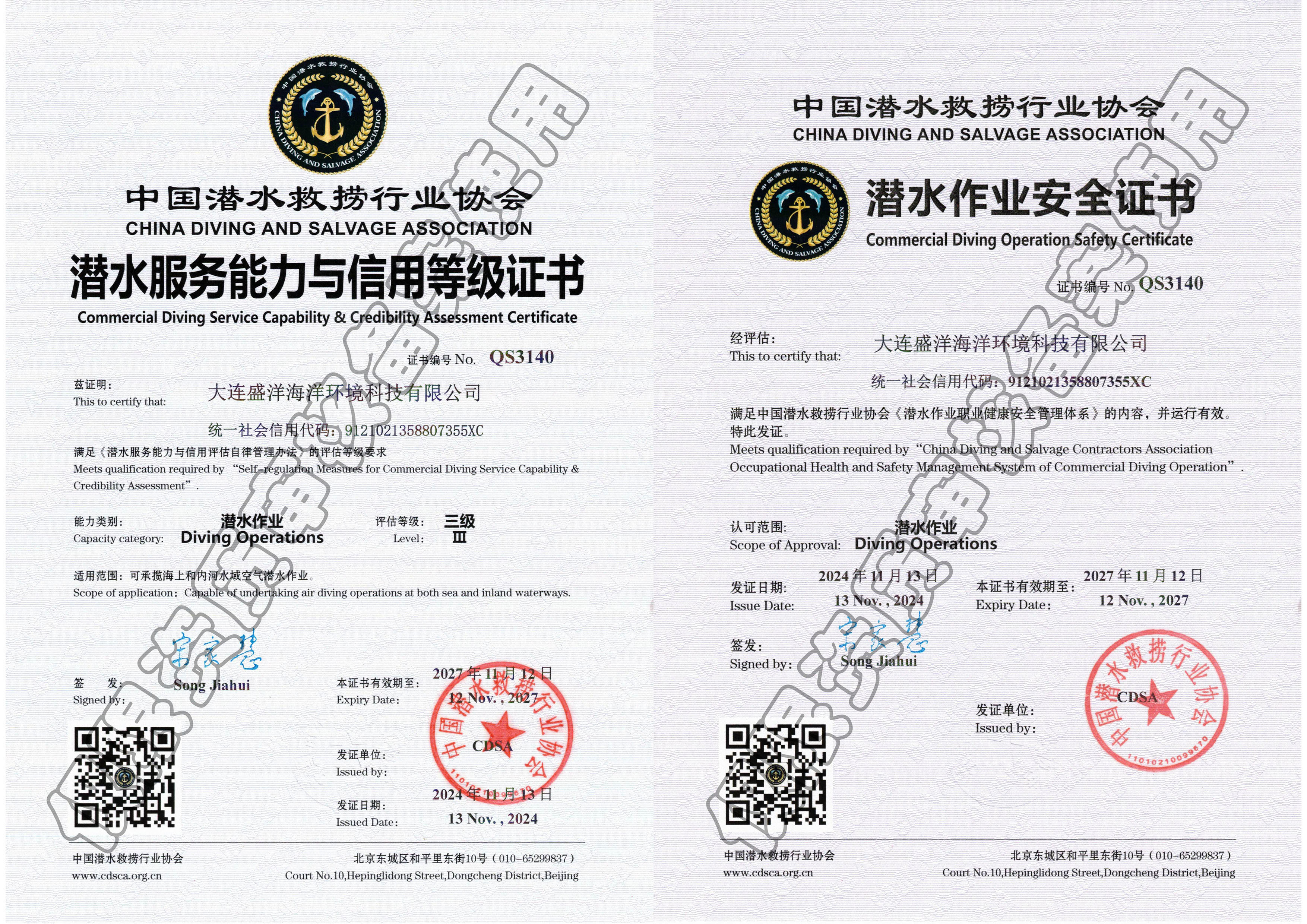 中國潛水救撈行業(yè)協(xié)會潛水服務(wù)能力